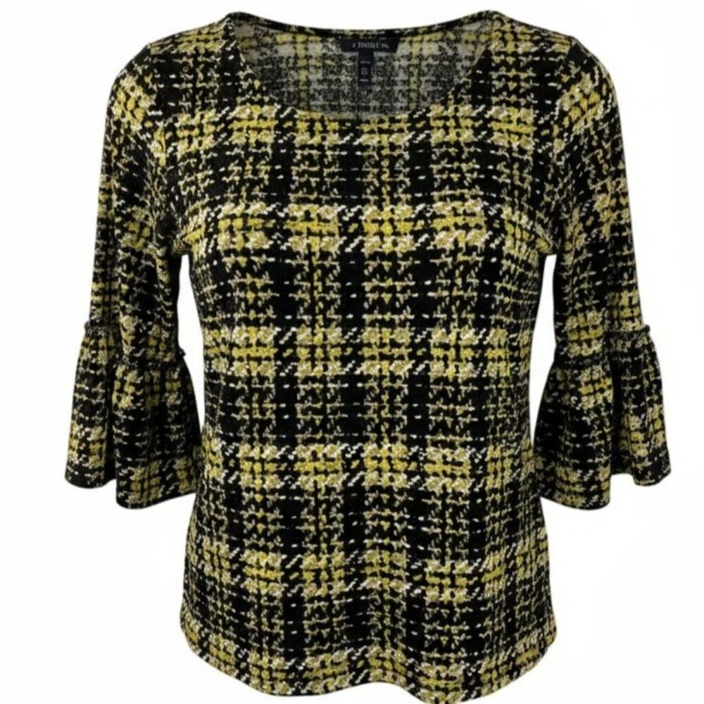 Ellen Tracy Womens XL Yellow Black Plaid Ruffle Sleeve Stretch Knit Career Top